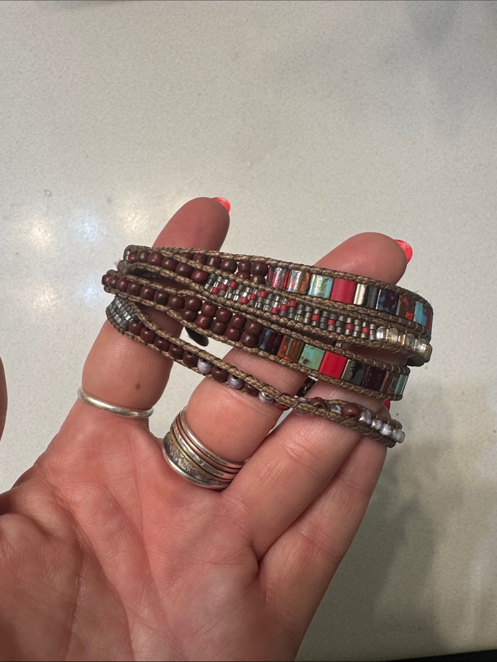Multi-Row Beaded Wrap Bracelet in Brown with Turquoise & Red Accents